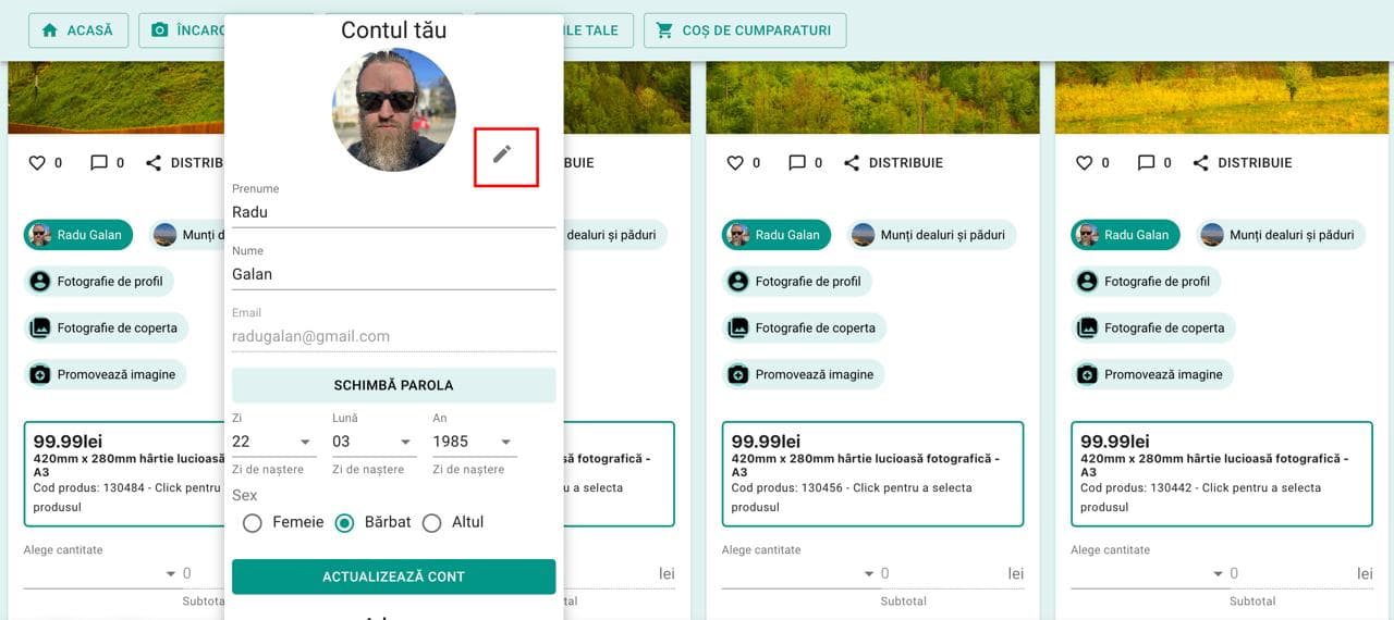 Iconița de editare a imaginii de profil din Contul tău