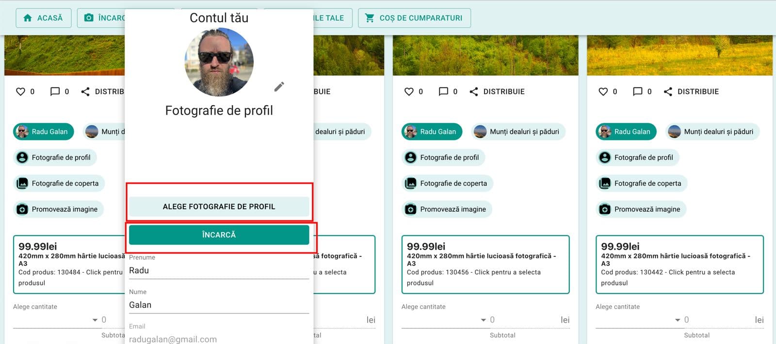 Meniul de încărcare a unei imagini noi de profil