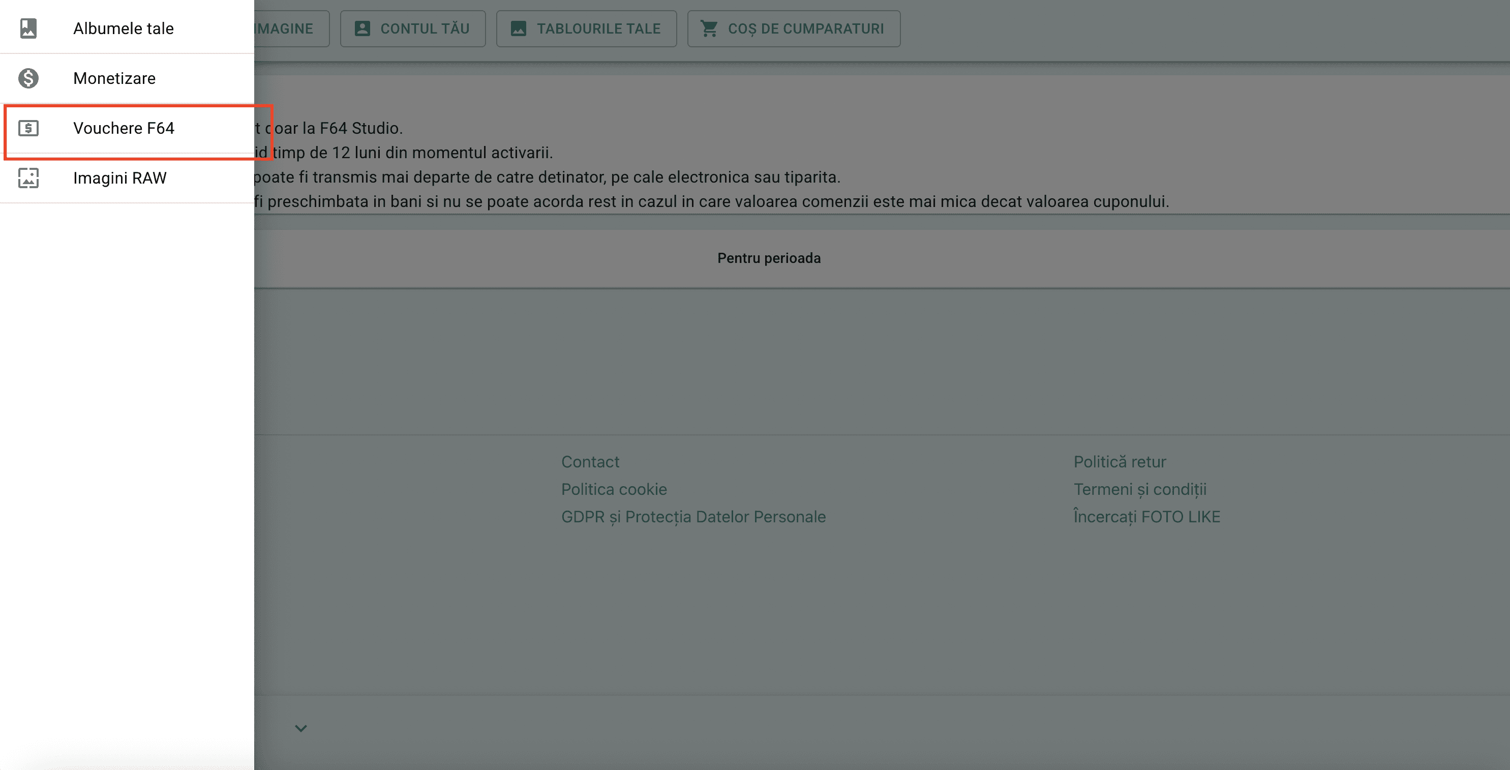 Vouchere F64 disponibile afișate în meniul lateral